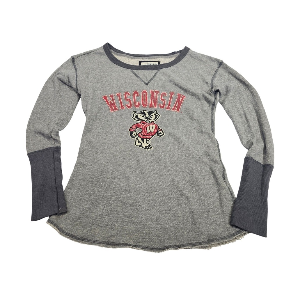 Colosseum Sweatshirt Womens S Grey Solid Wisconsin Badgers Raw Hem Contrast Cuff